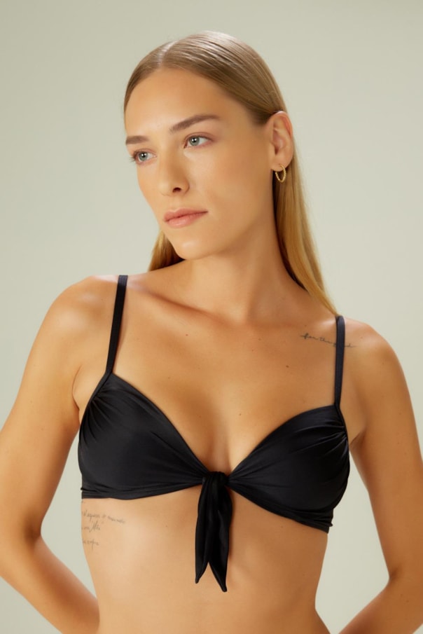 TOP BARDOT LAÇO LISO E TANGA NEW PRADO LISO PRETO