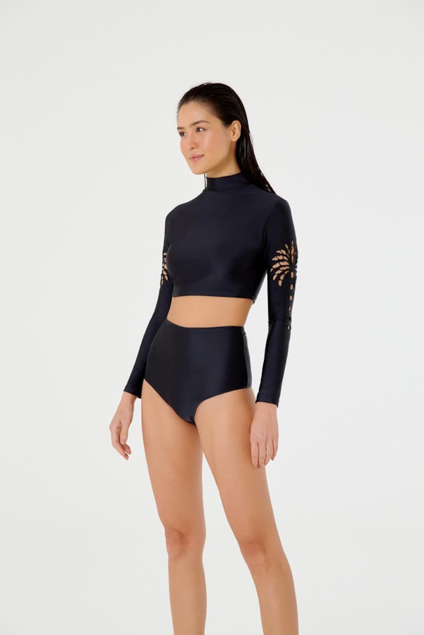 TOP MANGA LONGA RICHELIEU E TANGA HOT PANTS LISO PRETO