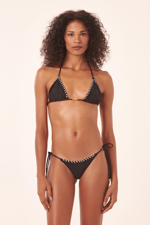TOP TRIANGULO BOJO PONTILHADO LISO E TANGA LACINHO TAHITI PONTILHADO LISO PRETO
