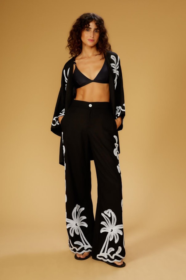 Blusa Kimono Barrado Bordado Corda