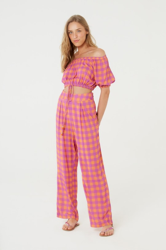 Imagem do produto Calca Pregas Frente Vichy Orange