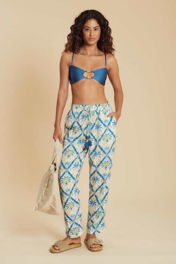 Calca Reta Elastico Azulejo Tropical