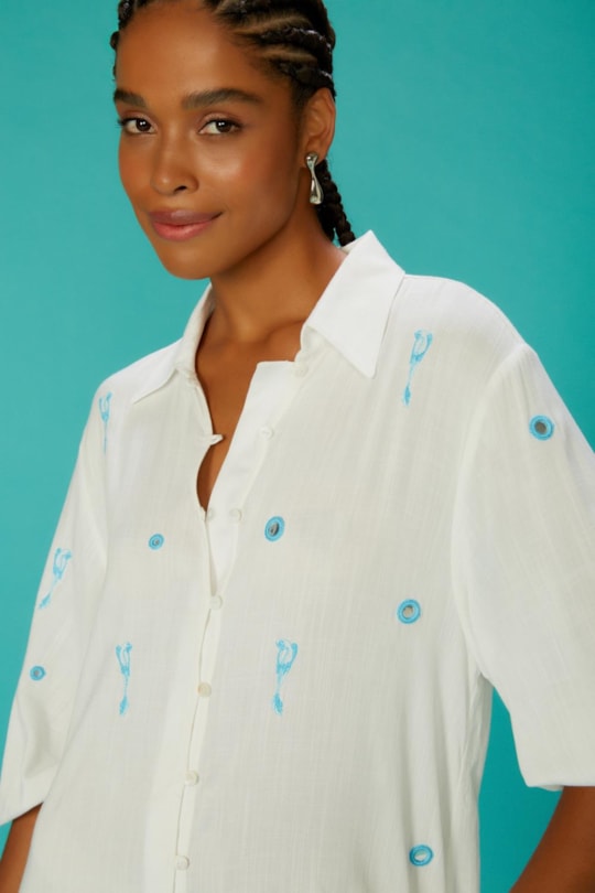 Chemise Curta Manga Bufante Bordada