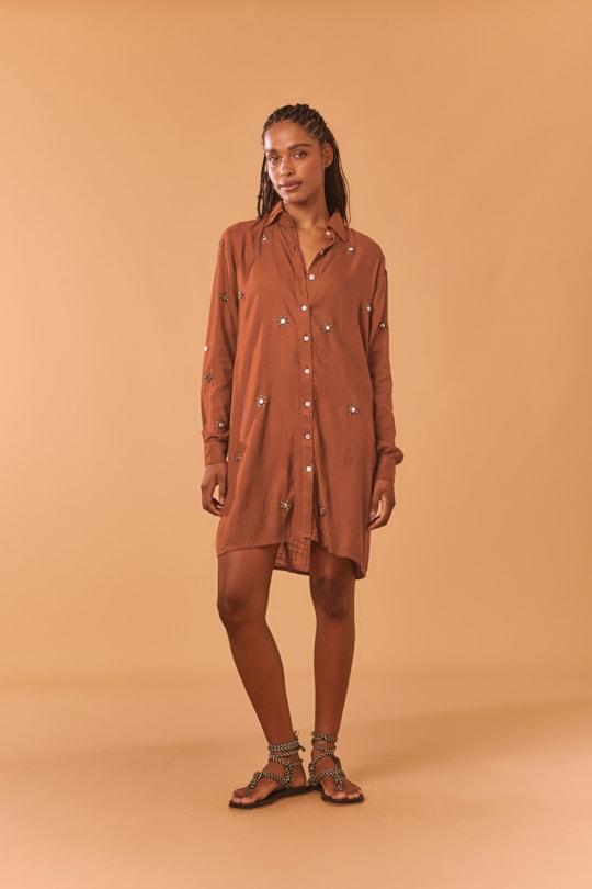 Chemise Manga Longa Bordado Espelhos