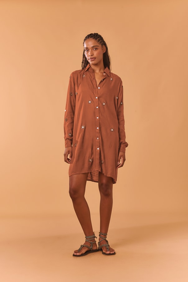 Chemise Manga Longa Bordado Espelhos