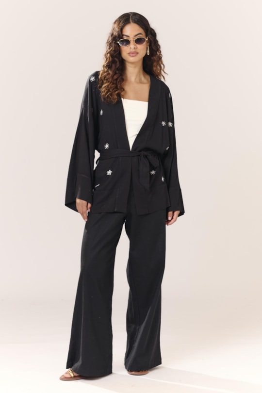 Kimono Blusa Barrado Faixa Bordado