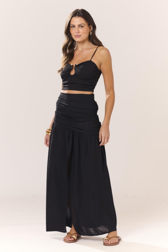 Saia Cropped Pregas Frente Fenda Liso