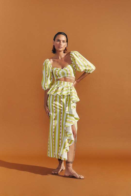 Saia Midi Babados Estampa Listras