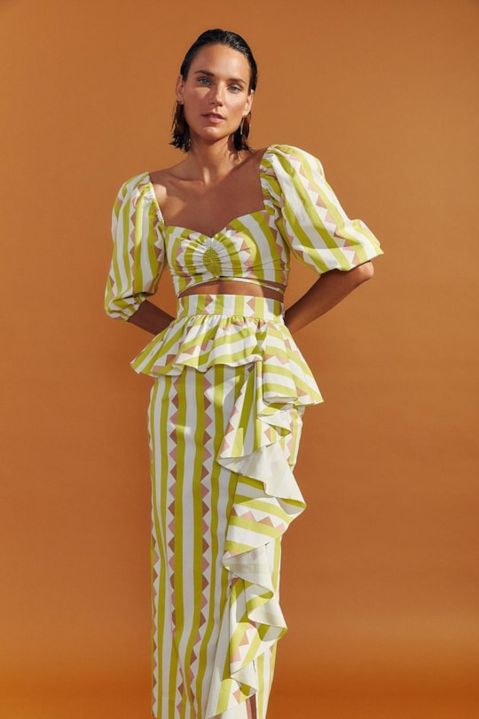 Saia Midi Babados Estampa Listras