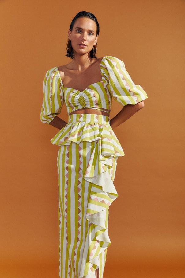 Saia Midi Babados Estampa Listras