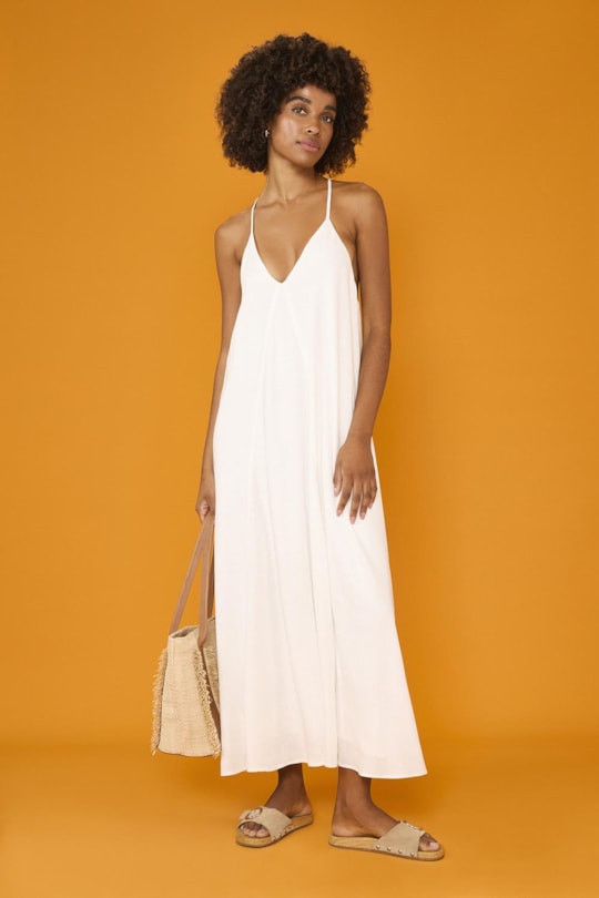 Vestido Alça Liso Pedras Off