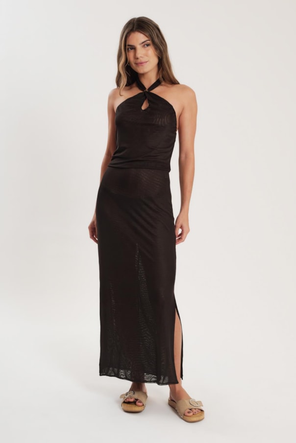 Vestido Detalhe Metal Frente Tule Liso