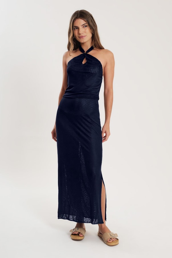 Vestido Detalhe Metal Frente Tule Liso
