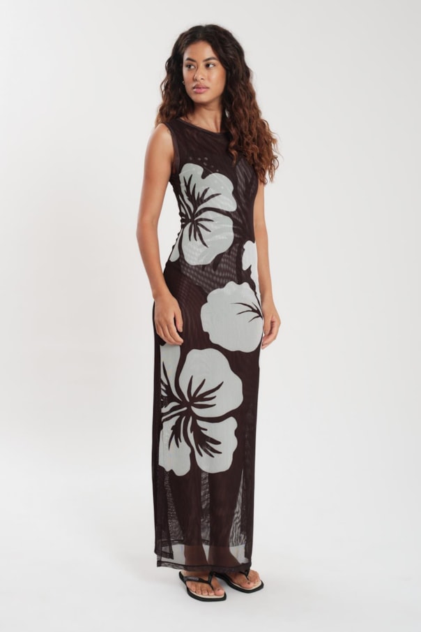 Vestido Tule Loc Maxi Hibisco