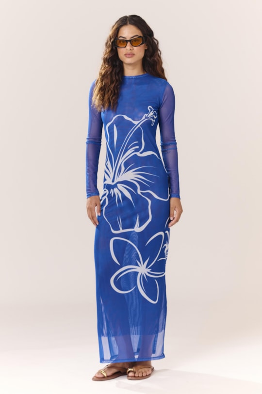 Vestido Tule Manga Longa Luau