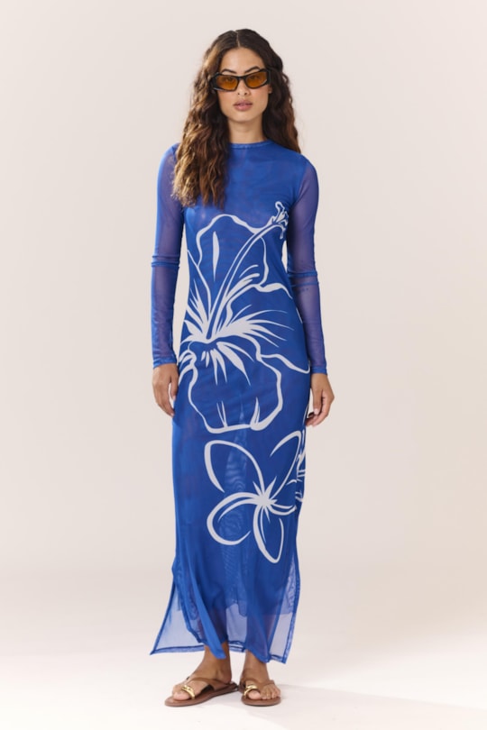 Vestido Tule Manga Longa Luau
