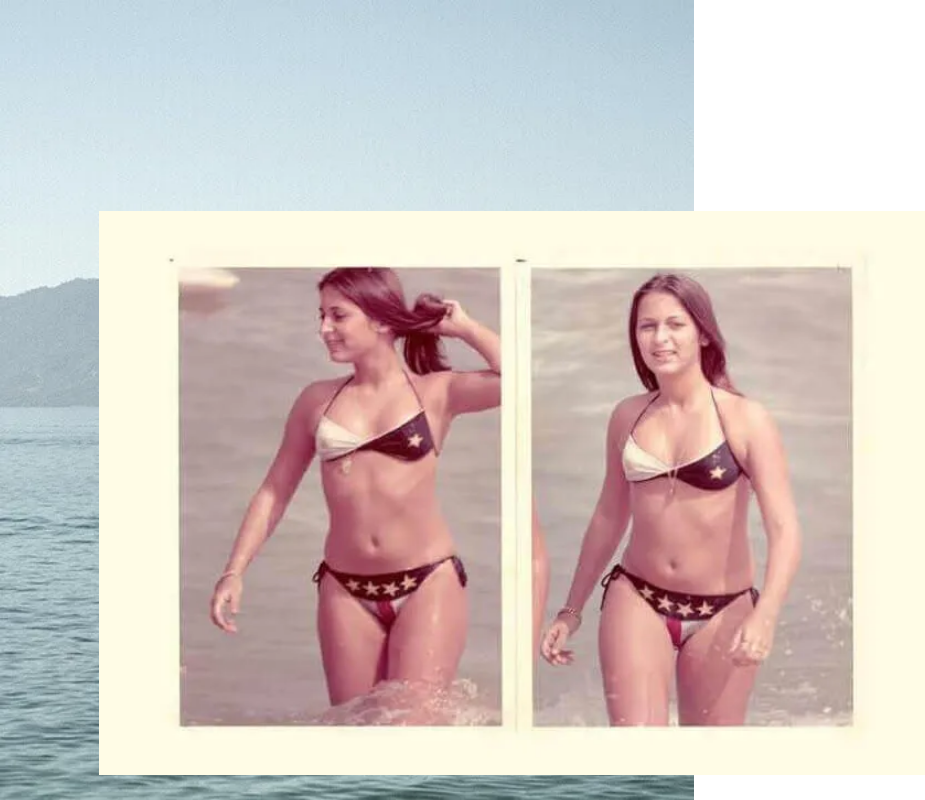 Mulher na praia utilizando biquinis Blueman 1972